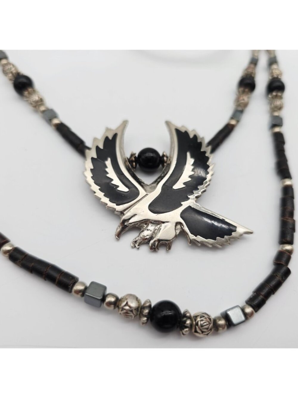 Vintage Black Beaded Necklace With Silver Eagle Pendant 13" Drop - Picture 5 of 8